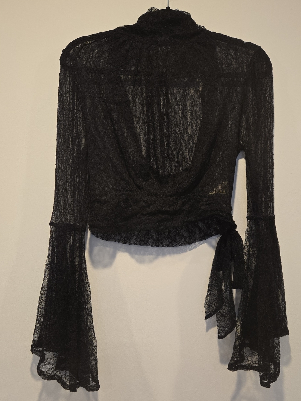 Free People Black Lace Crop Top Bell Sleeve Keyhole Back Whimsigoth Boho XS